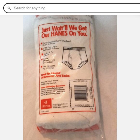 Vintage Hanes Men’s Briefs 3-Pack Size 44 White 1992 NWT Sealed USA Made - Picture 2 of 2